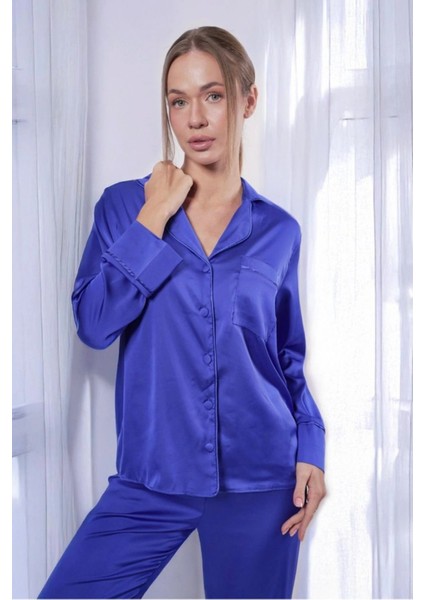 Saks Mavi Saten Ikili Pijama Takımı