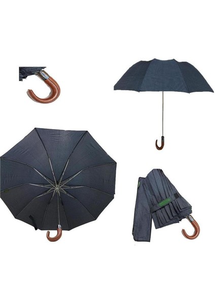 Kısa Deri Saplı Çok Renkli 10 Telli Şemsiye, Şık ve Dayanıklı Tasarım