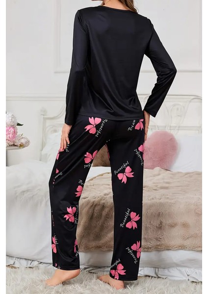 Şık ve Rahat Siyah Kadın Pijama Takımı - Kelebek Desenli ve Yay Detaylı Tasarım fiyatları