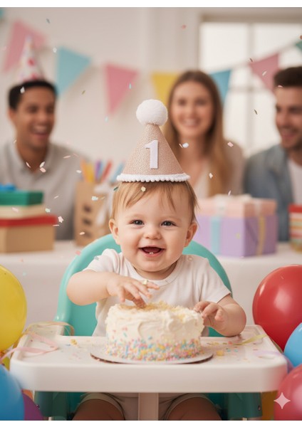 1 Yaş Yazılı Mini Jüt Bebek Şapkası Ponponlu Doğal Renk Parti Konsept Taç | Ilk Doğum Günü ve Fotoğraf Çekimi Aksesuarı
