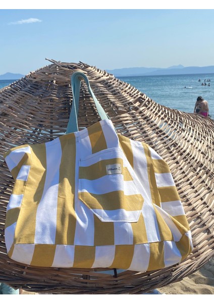 Sarı Beyaz Şeritli Büyük Boy Plaj Çantası