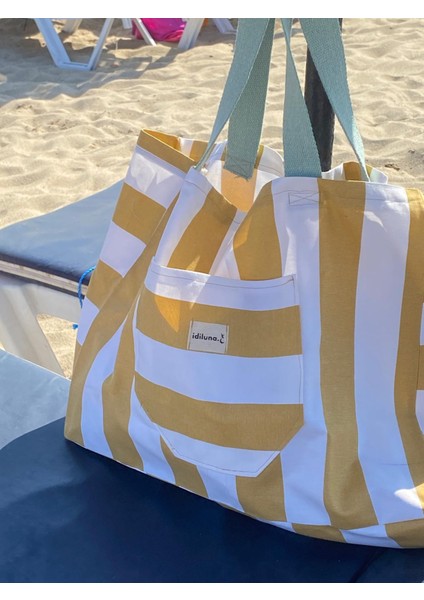 Sarı Beyaz Şeritli Büyük Boy Plaj Çantası fiyatları