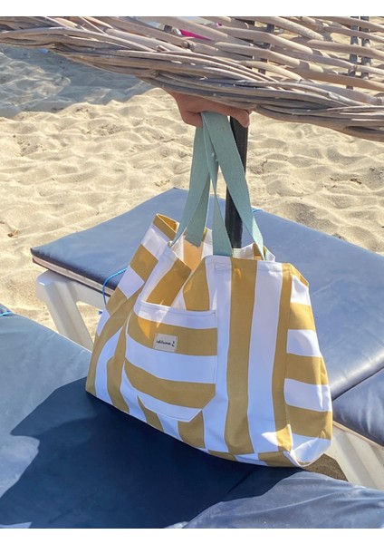 Sarı Beyaz Şeritli Büyük Boy Plaj Çantası modelleri
