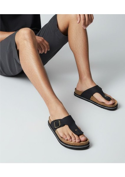 H2514 Hakiki Nubuk Deri Ortopedik Parmak Arası Siyah Erkek Terlik