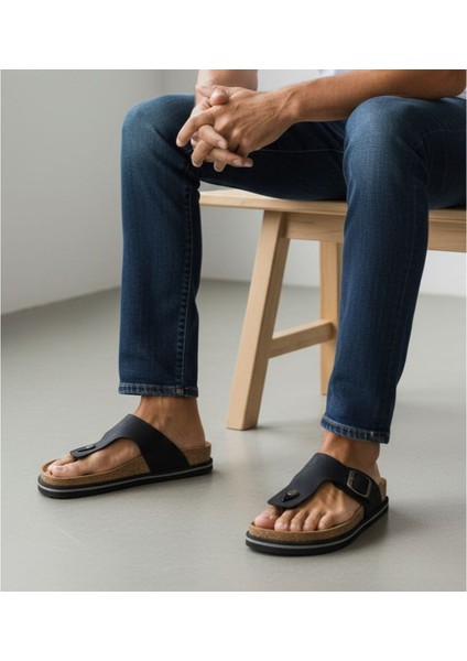 H2514 Hakiki Nubuk Deri Ortopedik Parmak Arası Siyah Erkek Terlik
