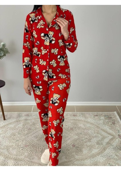 Kadın Teddy Bear Ayıcık Desenli Süet Düğmeli Pijama Takımı (Kırmı