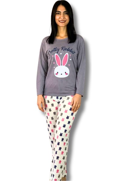 Kadın Tavşan Desenli Pijama Takımı (Gri- Beyaz) Gri XL