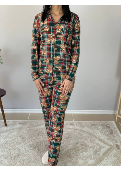 Kadın Teddy Bear Ayıcık Desenli Süet Düğmeli Pijama Takımı Yeşil