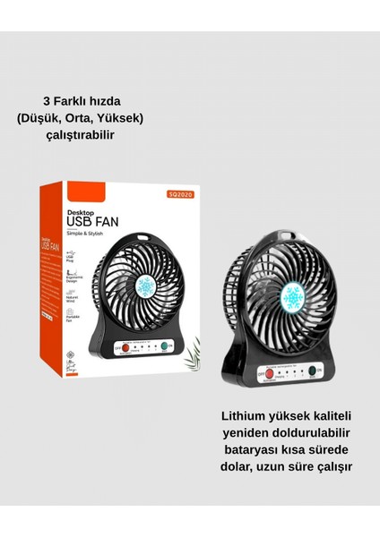 Şarjlı USB Fan – Masaüstü Mini Vantilatör Taşınabilir Işıklı 3 Kademeli - SB001M-47T0F modelleri