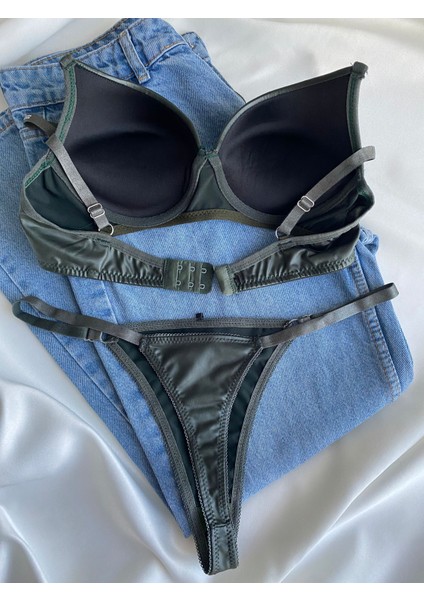 Kadın Haki Deri Taşlı Fiyonklu Balenli Destekli Dolgulu Push Up Sütyen Takımı Iç Çamaşırı Takımı fırsatları