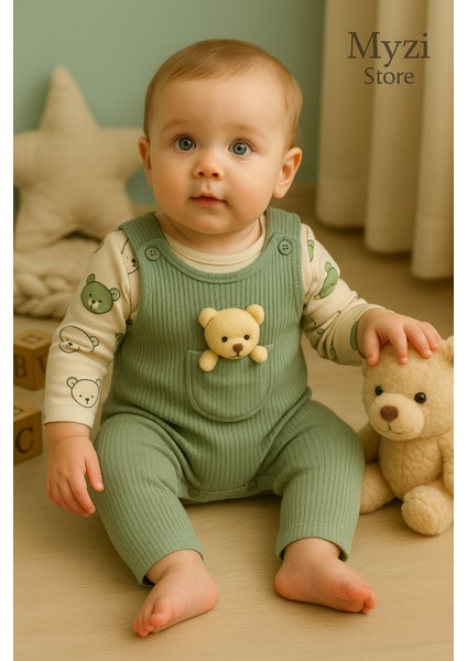 %100 Pamuk Cilt Dostu Bebek Tulum Seti – Ayıcık Cepli, Iç Bodyli