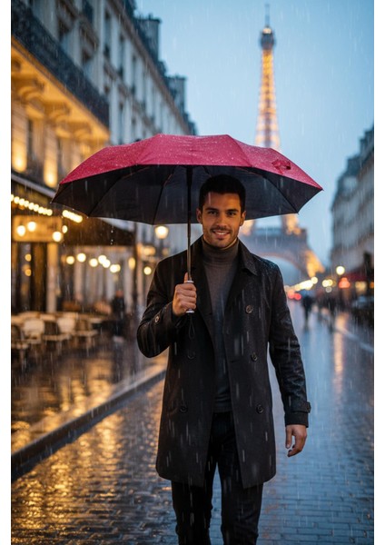 Bordo ve Siyah Renkli Otomatik Katlanabilir Iç Içe Şemsiye