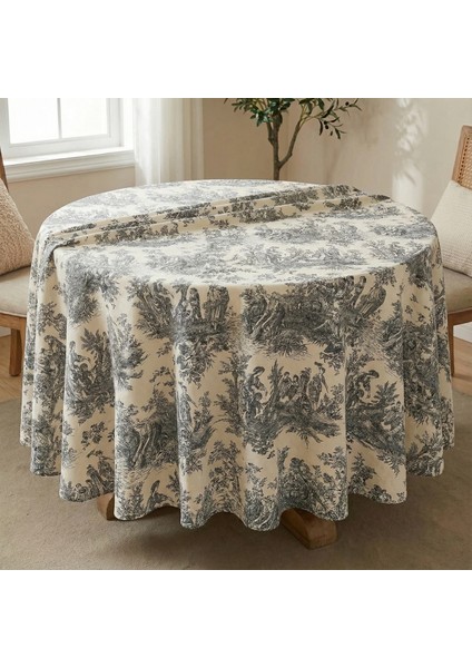 Fransız Köylüler Desenli Rustik Vintage Dekoratif Yuvarlak Masa Örtüsü