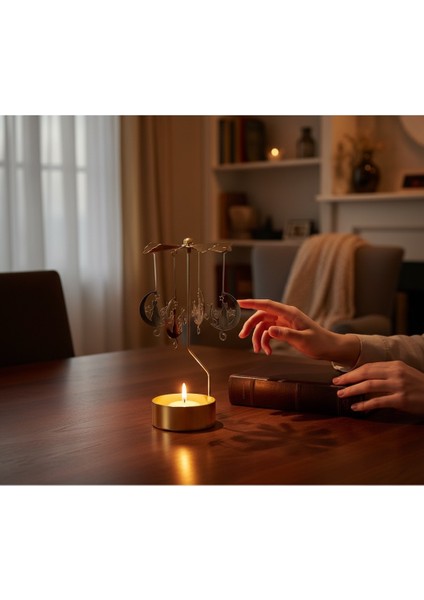 Altın Renkli Dönen Metal Mumluk Mutlu Kedi Tasarımlı Isı ile Dönen Dilek Çanı