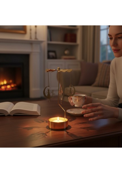 Altın Renkli Dönen Metal Mumluk Mutlu Kedi Tasarımlı Isı ile Dönen Dilek Çanı fiyatları