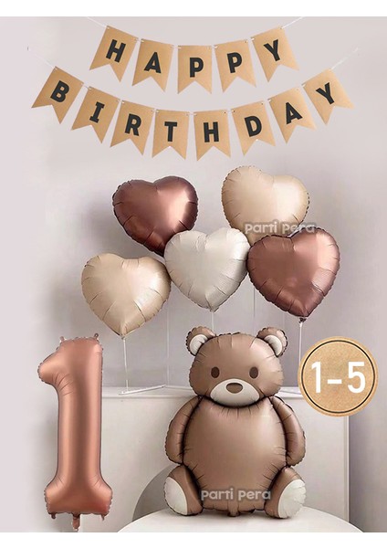 Retro Kahverengi Ayı Folyo Balon Kahverengi Rakam Folyo Balon Retro Kalp Folyo Balon Doğum Günü Balon Seti Pp