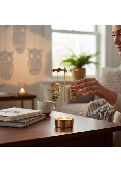 Altın Renkli Döner Baykuş Isı ile Dönen Dekoratif Mumluk
