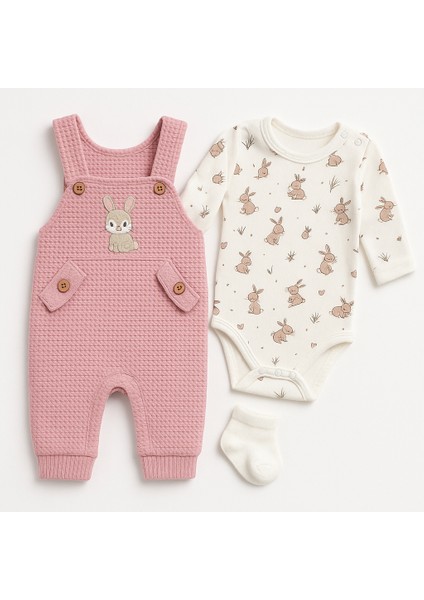Bebek Kız 3'lü Tulum Takımı-Tavşan Desenli Badi Tavşan Nakışlı Mürdüm Salopet ve Çorap Seti Pamuklu fırsatları