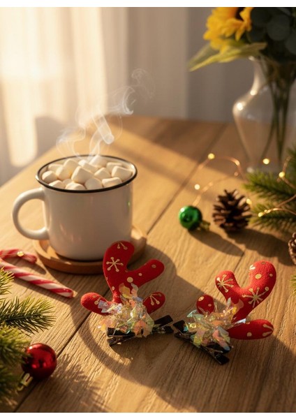 Yılbaşı Koleksiyonu 2'li Kırmızı Geyik Boynuzu Holografik Tüllü Saç Tokası