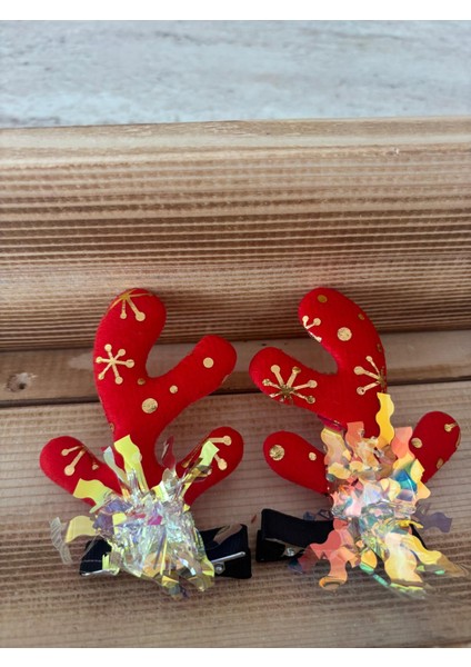 Yılbaşı Koleksiyonu 2'li Kırmızı Geyik Boynuzu Holografik Tüllü Saç Tokası fiyatları