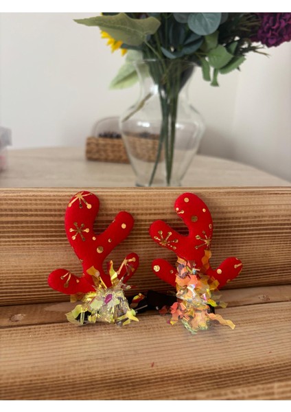 Yılbaşı Koleksiyonu 2'li Kırmızı Geyik Boynuzu Holografik Tüllü Saç Tokası modelleri