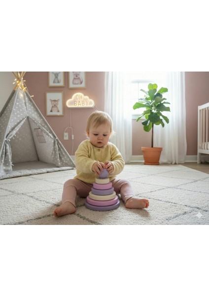 Lavanta Bahçesi Ahşap Montessori Halka Kule - Doğal Kayın Stacker Eğitici Oyuncak indirimleri