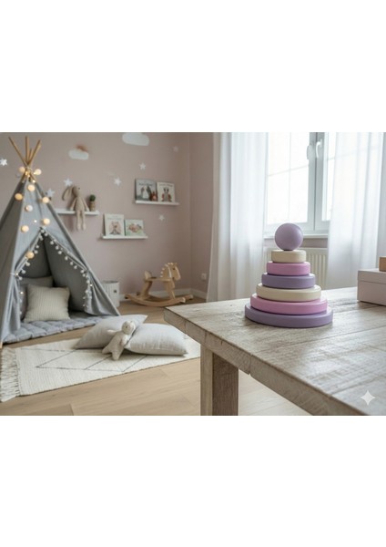 Lavanta Bahçesi Ahşap Montessori Halka Kule - Doğal Kayın Stacker Eğitici Oyuncak