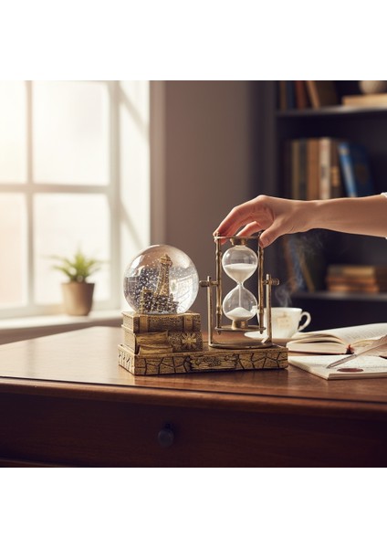 Isme Özel Dekoratif Kum Saati ve Kar Küresi Seti – Vintage Masa Üstü Süs