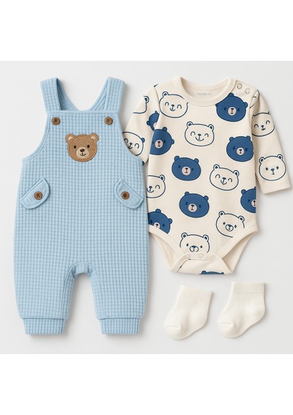 Bebek Erkek 3'lü Tulum Takımı - Ayıcık Desenli Badi Ayı Nakışlı Yeşil Salopet ve Çorap Seti Pamuklu modelleri