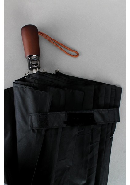 110 cm Ahşap Saplı Otomatik Siyah Rüzgar Korumalı Şemsiye