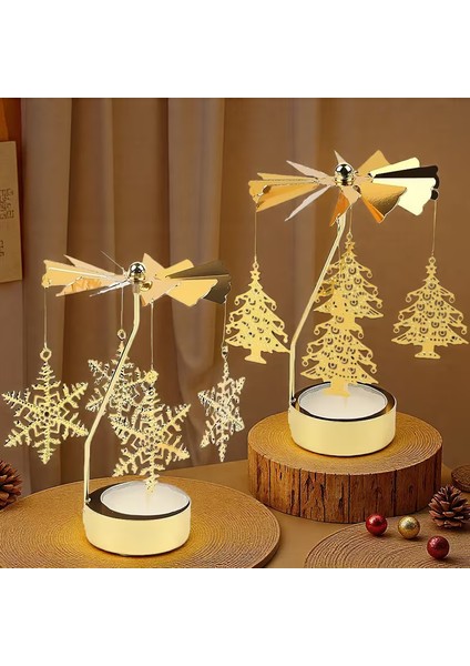 2\'li Set Dönen Işıklı Kar Tanesi ve Ağaç Metal Tealight Mumluk