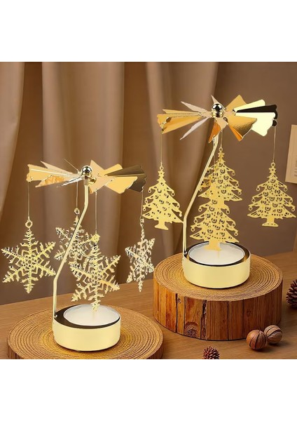 2\'li Set Dönen Işıklı Kar Tanesi ve Ağaç Metal Tealight Mumluk fiyatları