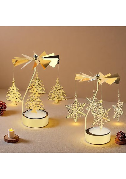 2\'li Set Dönen Işıklı Kar Tanesi ve Ağaç Metal Tealight Mumluk fırsatları
