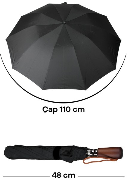 110 cm Ahşap Saplı Otomatik Siyah Rüzgar Korumalı Şemsiye