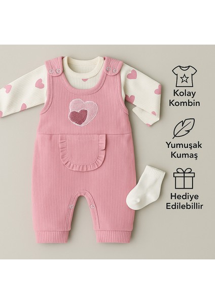 Bebek Kız 3'lü Tulum Takımı - Kalp Desenli Badikırmızısalopet ve Çorap Seti Pamuklu fiyatları