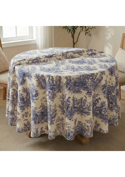 Fransız Köylüler Desenli Rustik Vintage Dekoratif Yuvarlak Masa Örtüsü