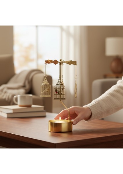 Altın Renkli Döner Kuş Kafesi Sarkaçlı Isı ile Dönen Dekoratif Mumluk