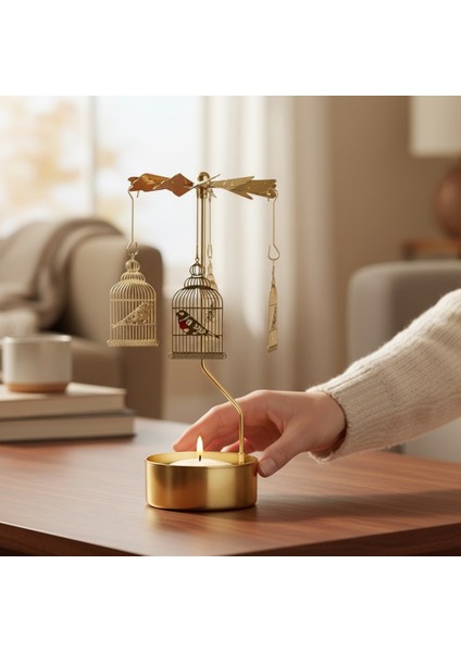 Altın Renkli Döner Kuş Kafesi Sarkaçlı Isı ile Dönen Dekoratif Mumluk fiyatları