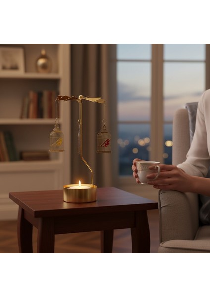 Altın Renkli Döner Kuş Kafesi Sarkaçlı Isı ile Dönen Dekoratif Mumluk modelleri