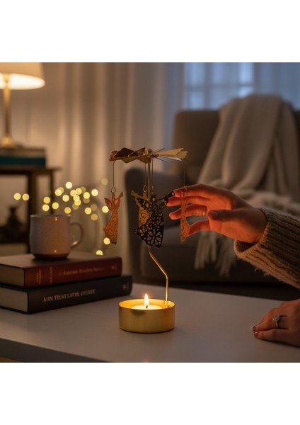 Altın Renkli Döner Melek Isı ile Dönen Dekoratif Mumluk