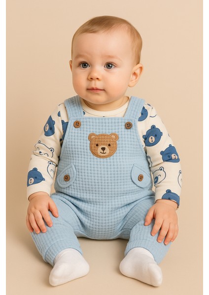 Bebek Erkek 3'lü Tulum Takımı - Ayıcık Desenli Badi Ayı Nakışlı Yeşil Salopet ve Çorap Seti Pamuklu