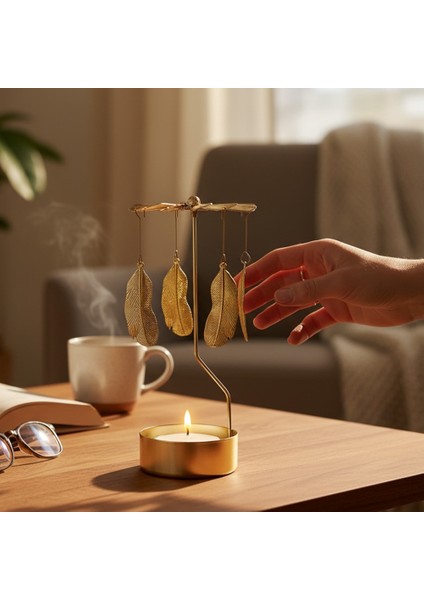 Gold Döner Yaprak Temalı Tealight Mumluk – Dekoratif Masa Üstü Aksesuar