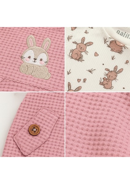Bebek Kız 3'lü Tulum Takımı-Tavşan Desenli Badi Tavşan Nakışlı Mürdüm Salopet ve Çorap Seti Pamuklu fiyatları