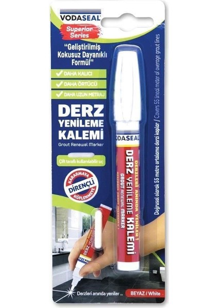 Vodaseal Çift Uçlu Su Bazlı Kokusuz Kalıcı Derz Kalemi Beyaz