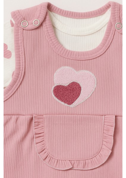 Bebek Kız 3'lü Tulum Takımı - Kalp Desenli Badikırmızısalopet ve Çorap Seti Pamuklu indirimleri