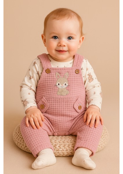 Bebek Kız 3'lü Tulum Takımı-Tavşan Desenli Badi Tavşan Nakışlı Mürdüm Salopet ve Çorap Seti Pamuklu