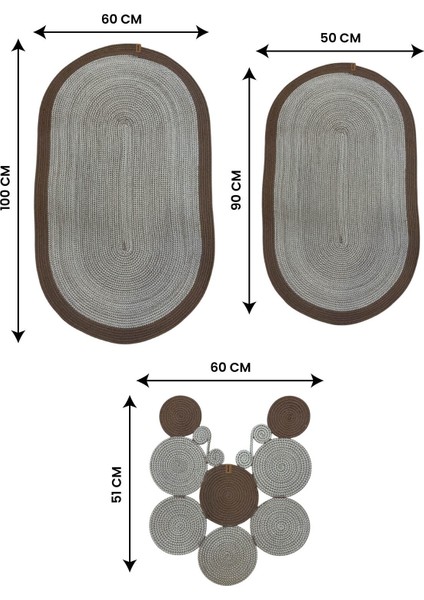 Banyo Paspas Seti 3'lü El Yapımı Oval (60X100, 50X90, 51X60 Cm) | Modern Tonlar Dekoratif Paspas