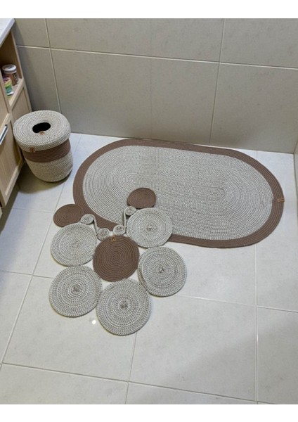 Banyo Seti 3'lü El Yapımı Örgü Paspas (60X100 Cm) & Yuvarlak Çöp Kovası Seti | Leke Tutmaz