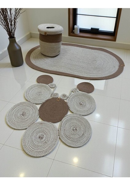 Banyo Seti 3'lü El Yapımı Örgü Paspas (60X100 Cm) & Yuvarlak Çöp Kovası Seti | Leke Tutmaz fiyatları