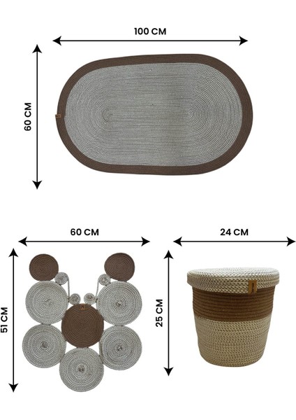 Banyo Seti 3'lü El Yapımı Örgü Paspas (60X100 Cm) & Yuvarlak Çöp Kovası Seti | Leke Tutmaz